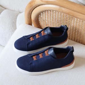 Zegna Triple Stitch Sneakers Denim Upper And Vicuna-Colored Leather