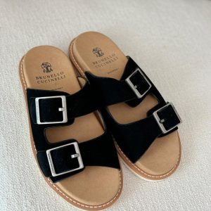 Brunello Cucinelli Black Suede Double Strap Sandals