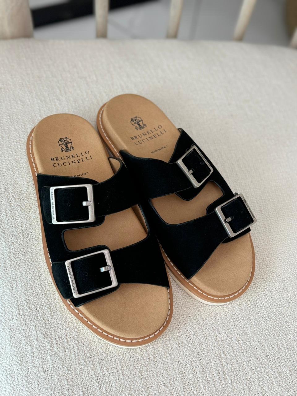 Brunello Cucinelli Black Suede Double Strap Sandals