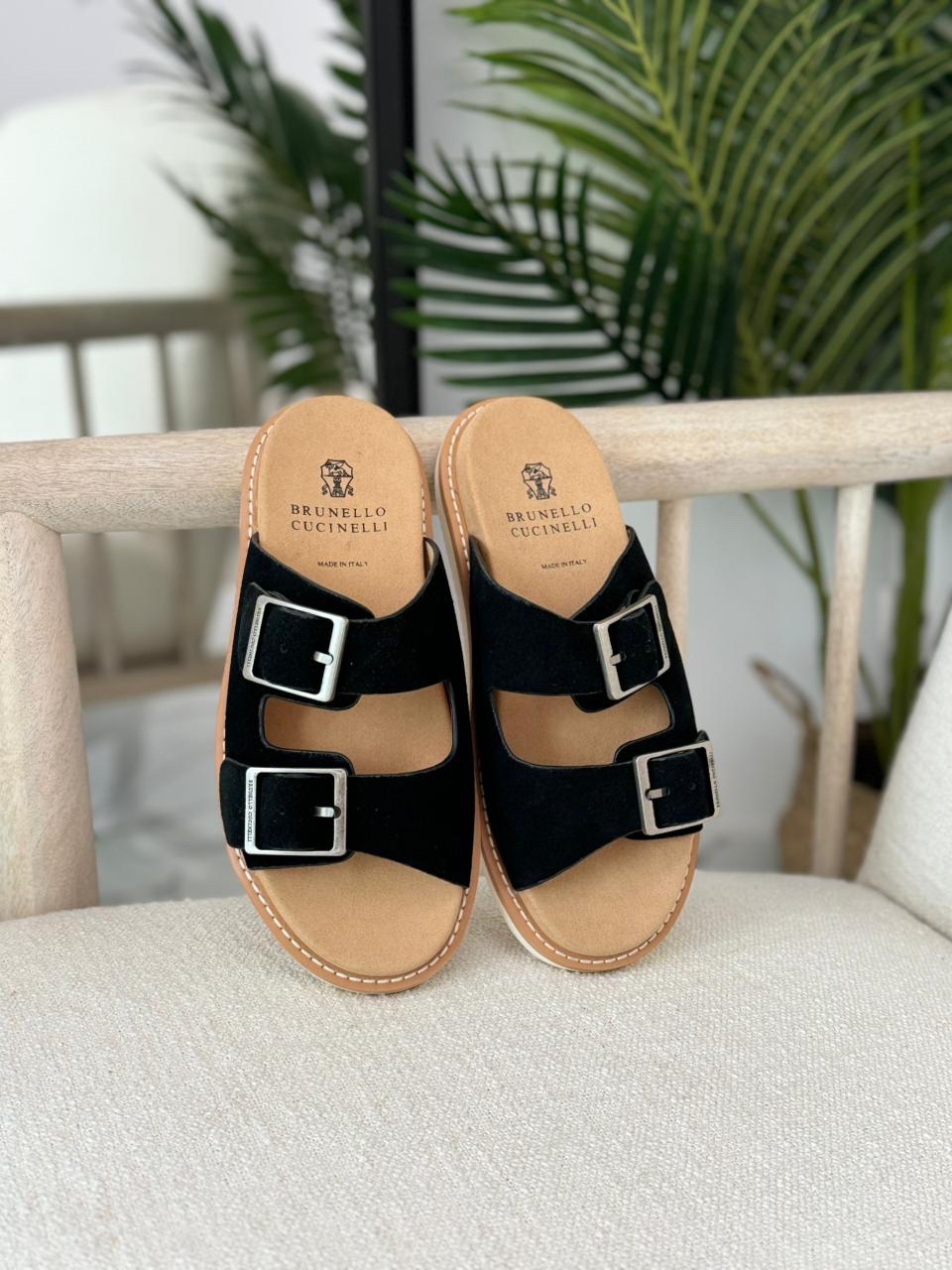Brunello Cucinelli Black Suede Double Strap Sandals - Image 2