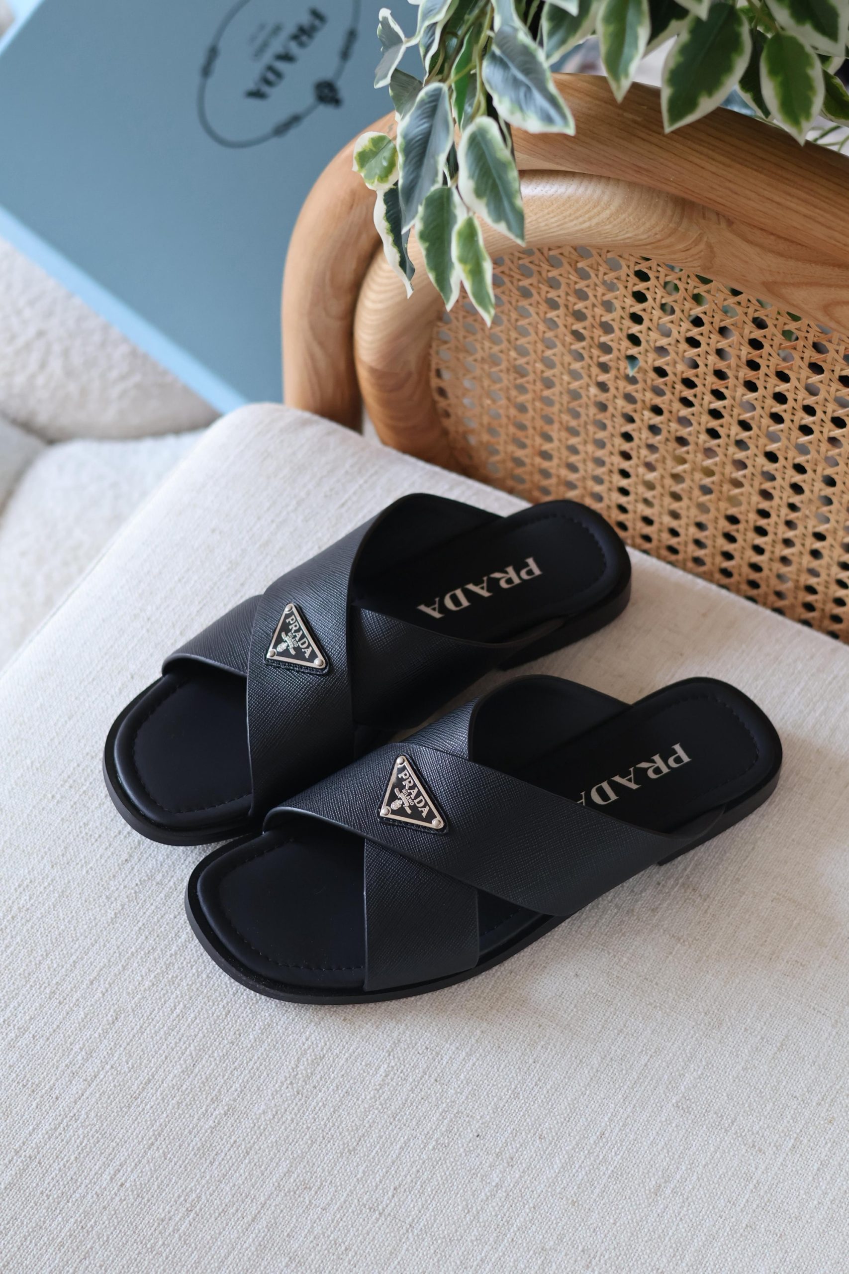 Prada Black Saffiano Leather Crisscross Slides