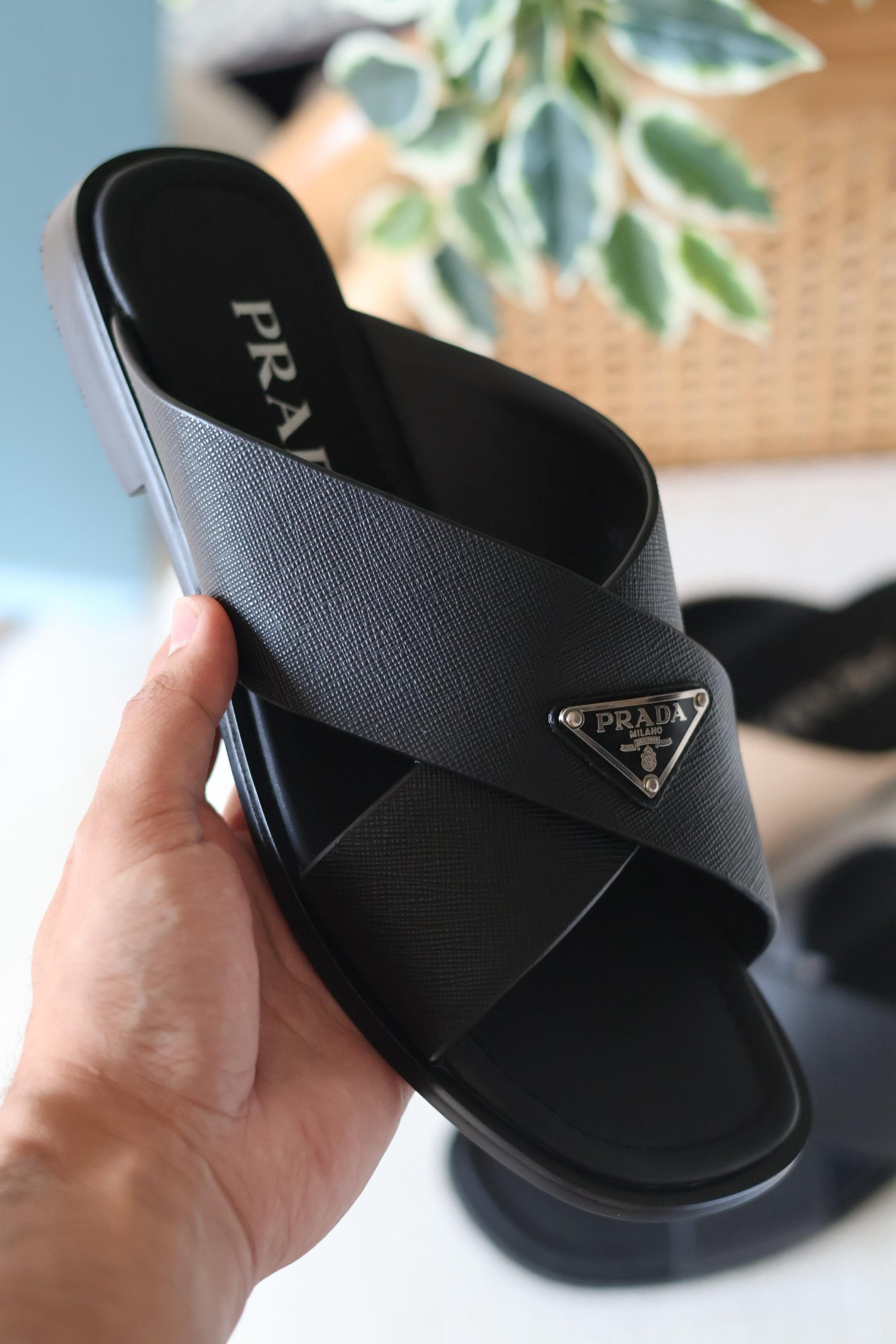 Prada Black Saffiano Leather Crisscross Slides - Image 2