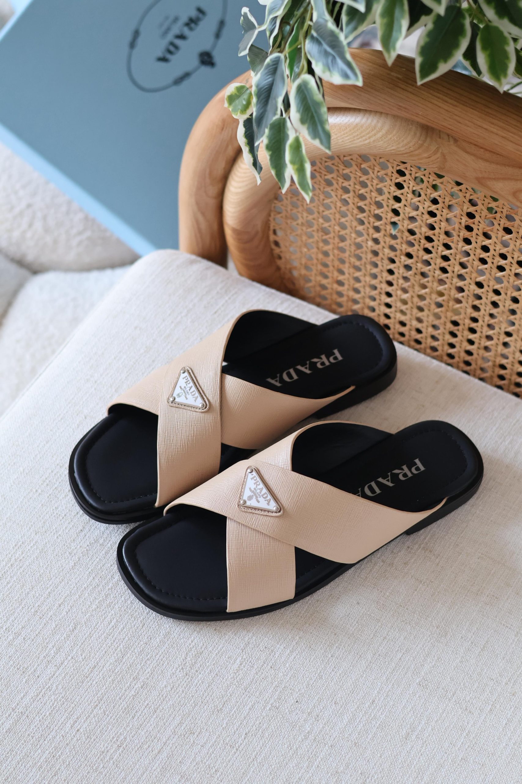 Prada Black Saffiano Leather Crisscross Slides - Image 4