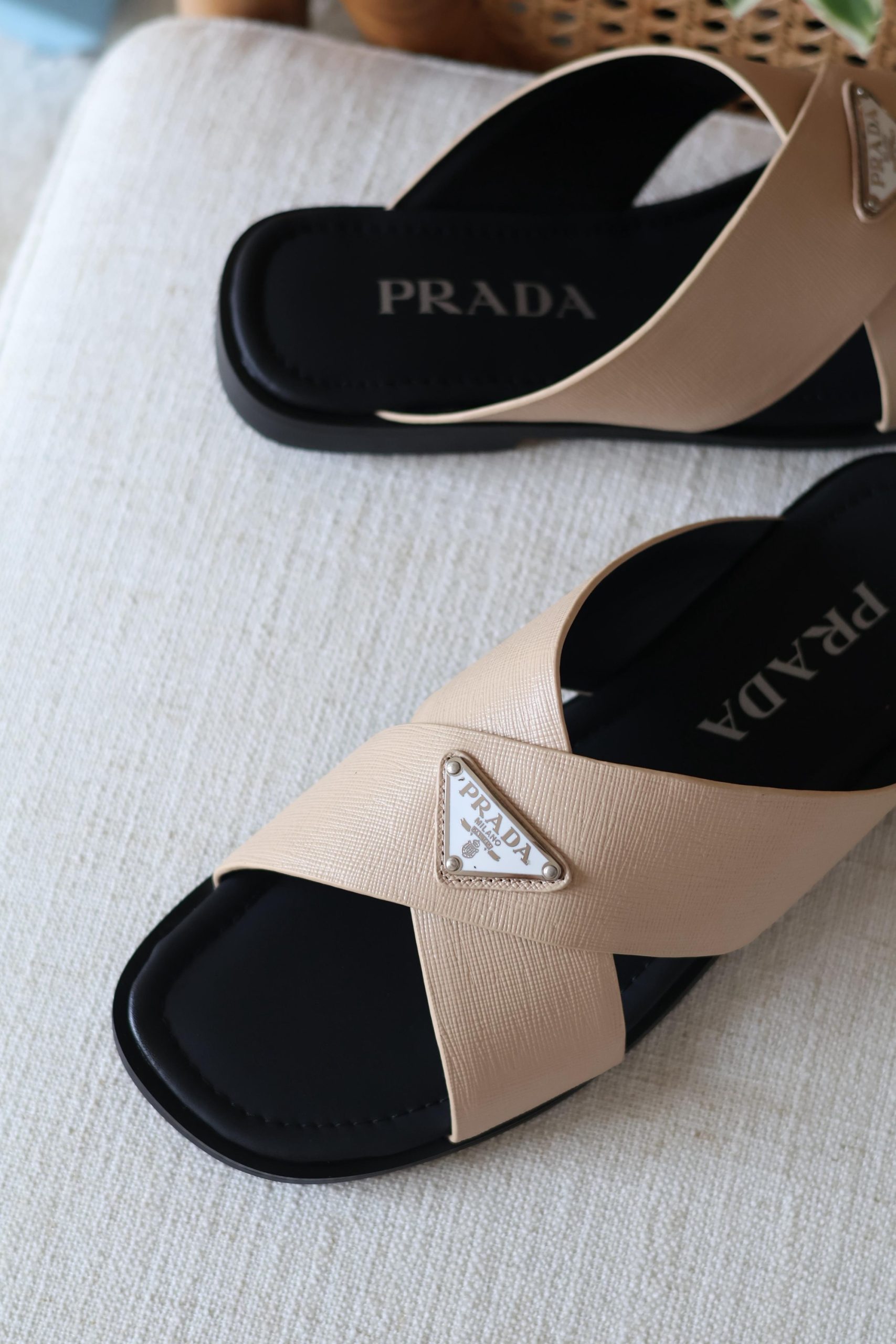 Prada Black Saffiano Leather Crisscross Slides - Image 3
