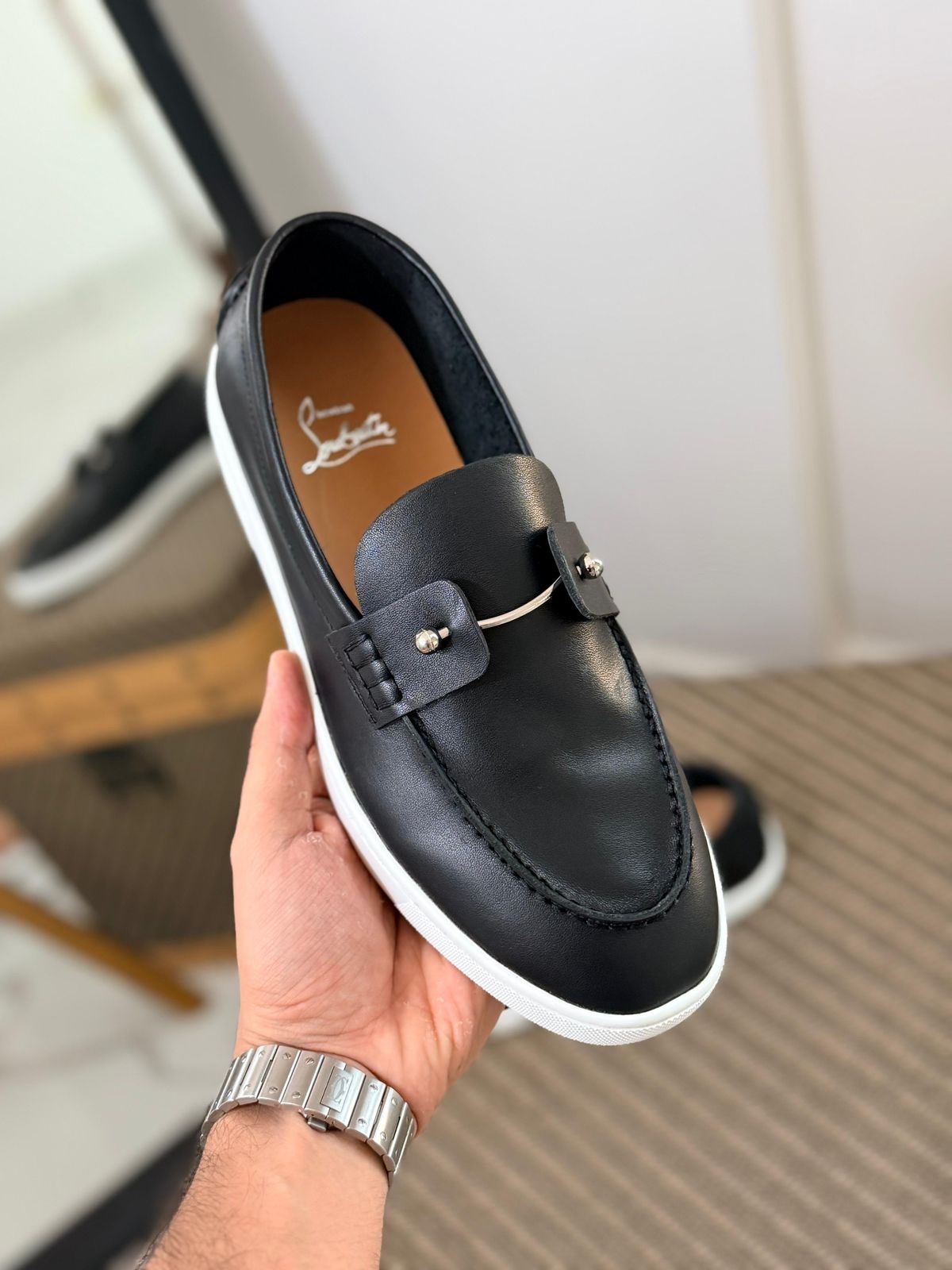 Christian Louboutin Chambeliboat Loafers Leather Upper And A Silver Tone Barbell - Image 5