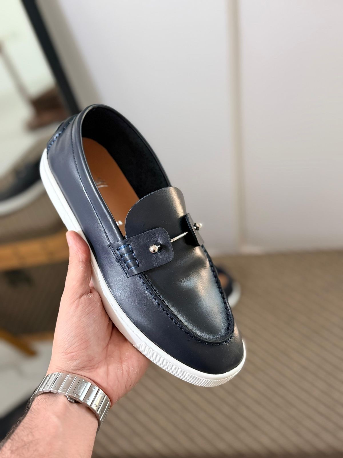 Christian Louboutin Chambeliboat Loafers Leather Upper And A Silver Tone Barbell - Image 13