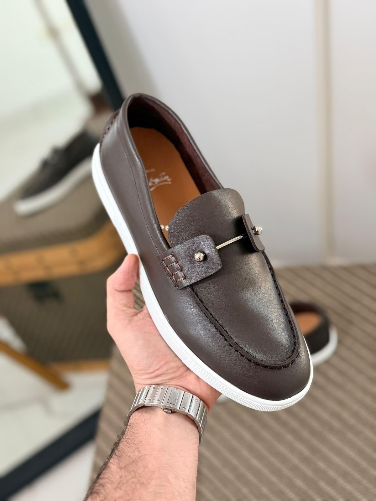 Christian Louboutin Chambeliboat Loafers Leather Upper And A Silver Tone Barbell - Image 15