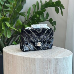 Chanel Black Silk Sequin Chain Chevron Mini Single Flap Bag