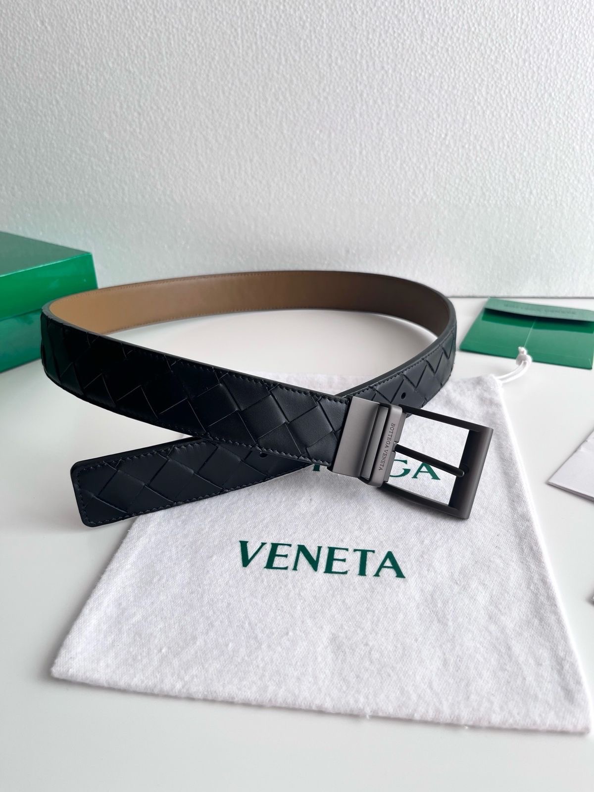 Bottega Veneta Belt Features Signature Black Intrecciato Woven Leather