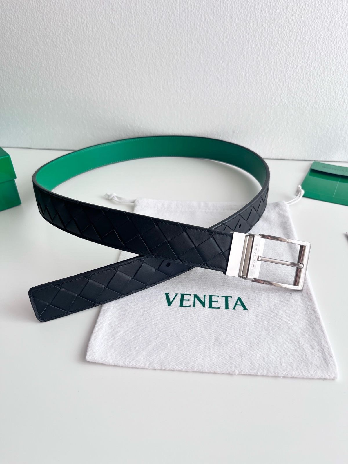 Bottega Veneta Belt Features Signature Black Intrecciato Woven Leather - Image 3