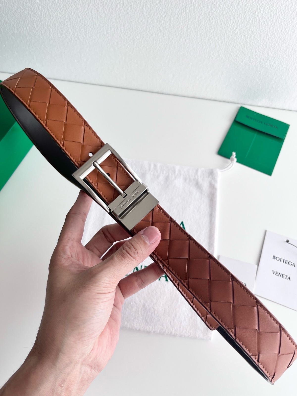 Bottega Veneta Belt Features Signature Black Intrecciato Woven Leather - Image 5