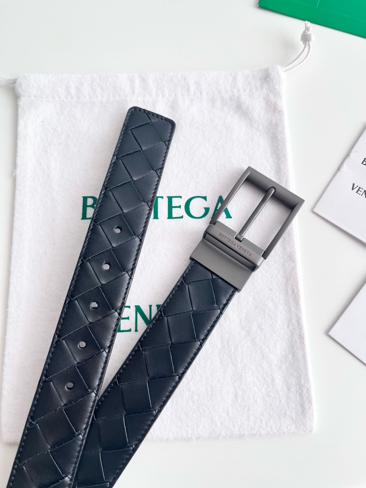 Bottega Veneta Belt Features Signature Black Intrecciato Woven Leather - Image 2