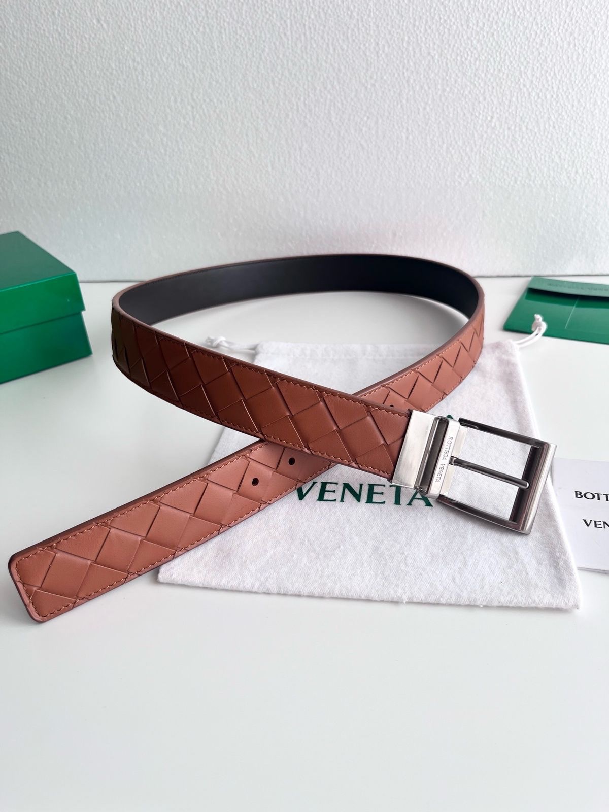 Bottega Veneta Belt Features Signature Black Intrecciato Woven Leather - Image 7