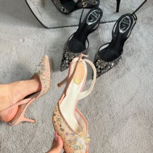 Rene Caovilla Pink Lace And Crystal Embellished Slingback Pumps