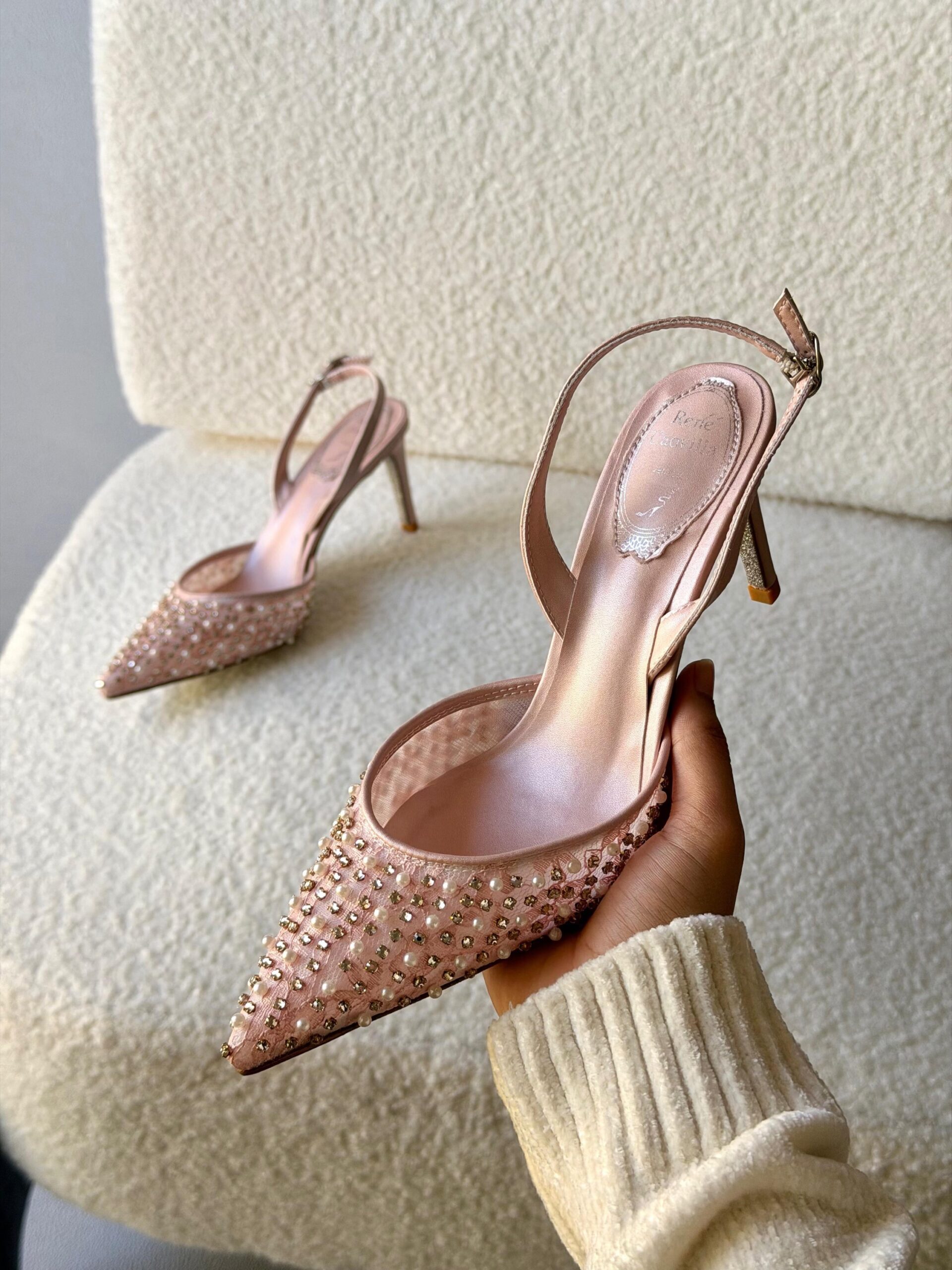 René Caovilla Aretha Slingback Pumps Mesh Upper Embellished With Crystals And Pearls