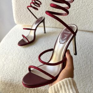 René Caovilla Cleo Sandals In A Burgundy Serpent-Like Coiled Ankle Strap