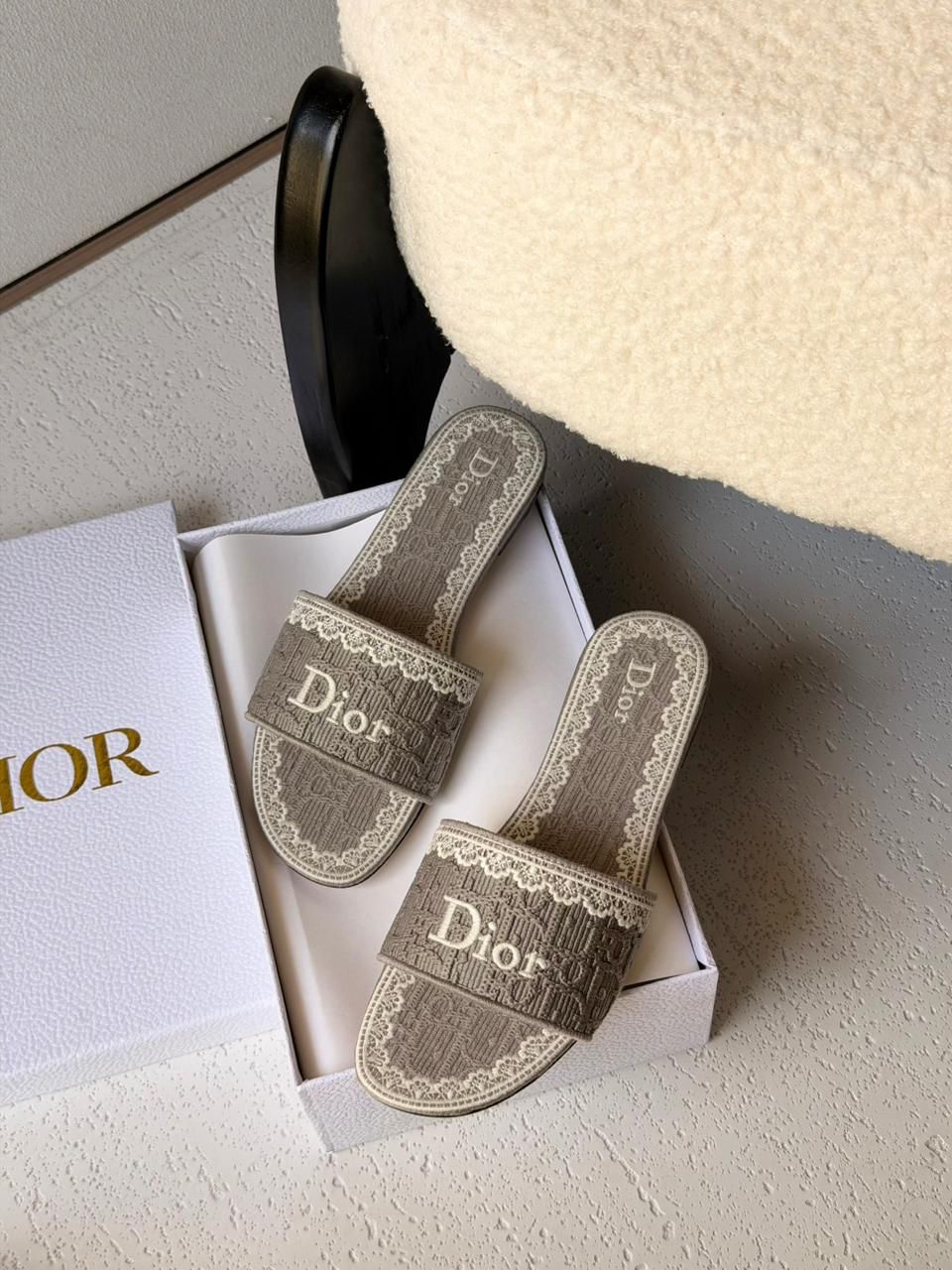 Dior Dentelle Slides Oblique Embroidery And Delicate White Lace Detailing