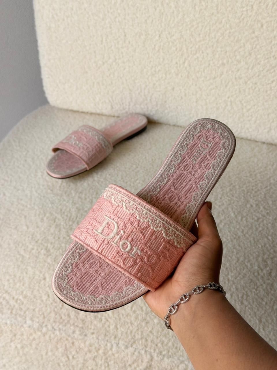 Dior Dentelle Slides Oblique Embroidery And Delicate White Lace Detailing - Image 7
