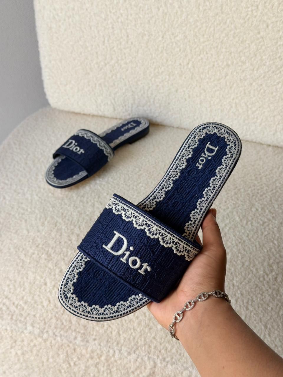 Dior Dentelle Slides Oblique Embroidery And Delicate White Lace Detailing - Image 3