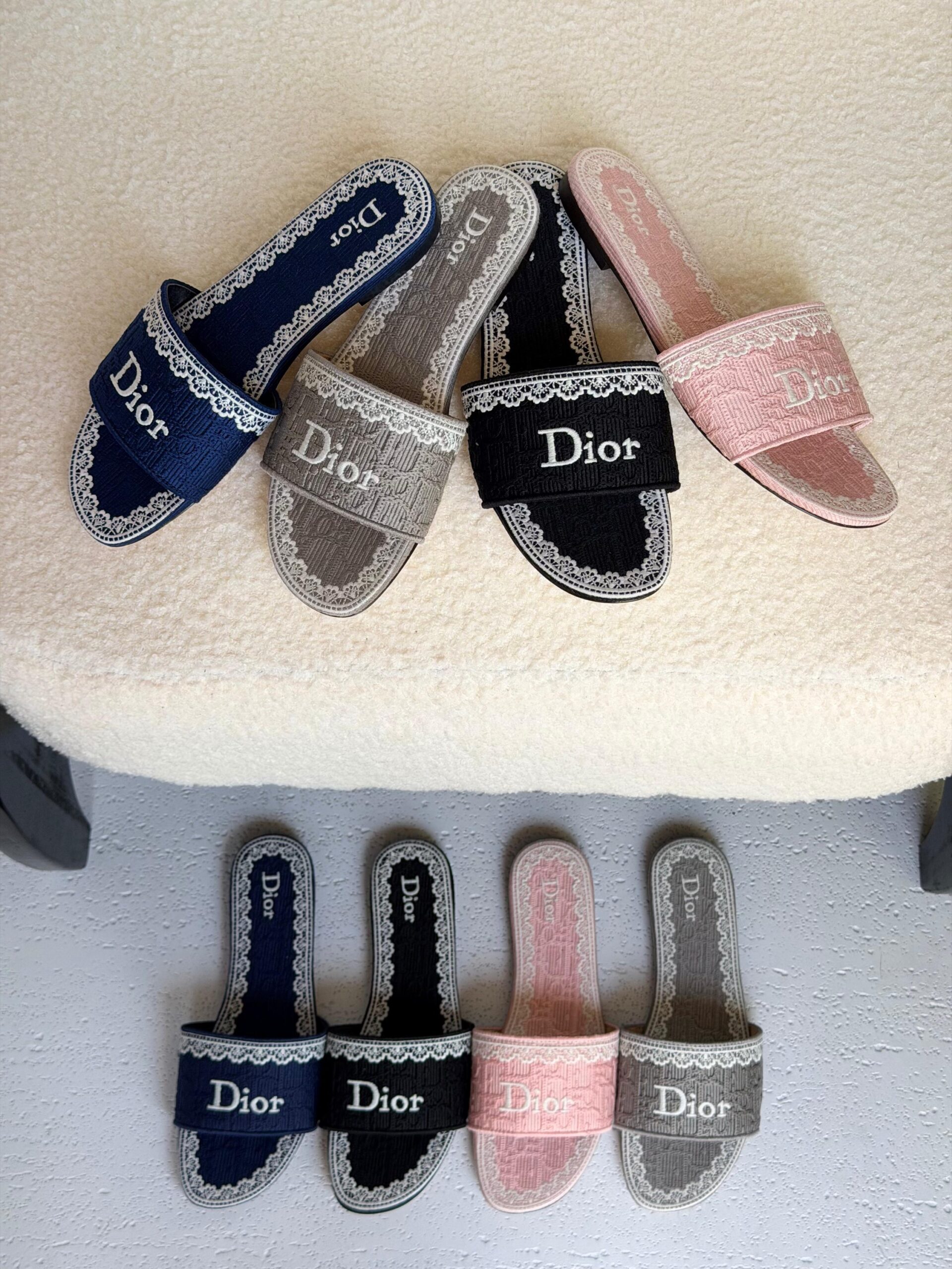 Dior Dentelle Slides Oblique Embroidery And Delicate White Lace Detailing - Image 9
