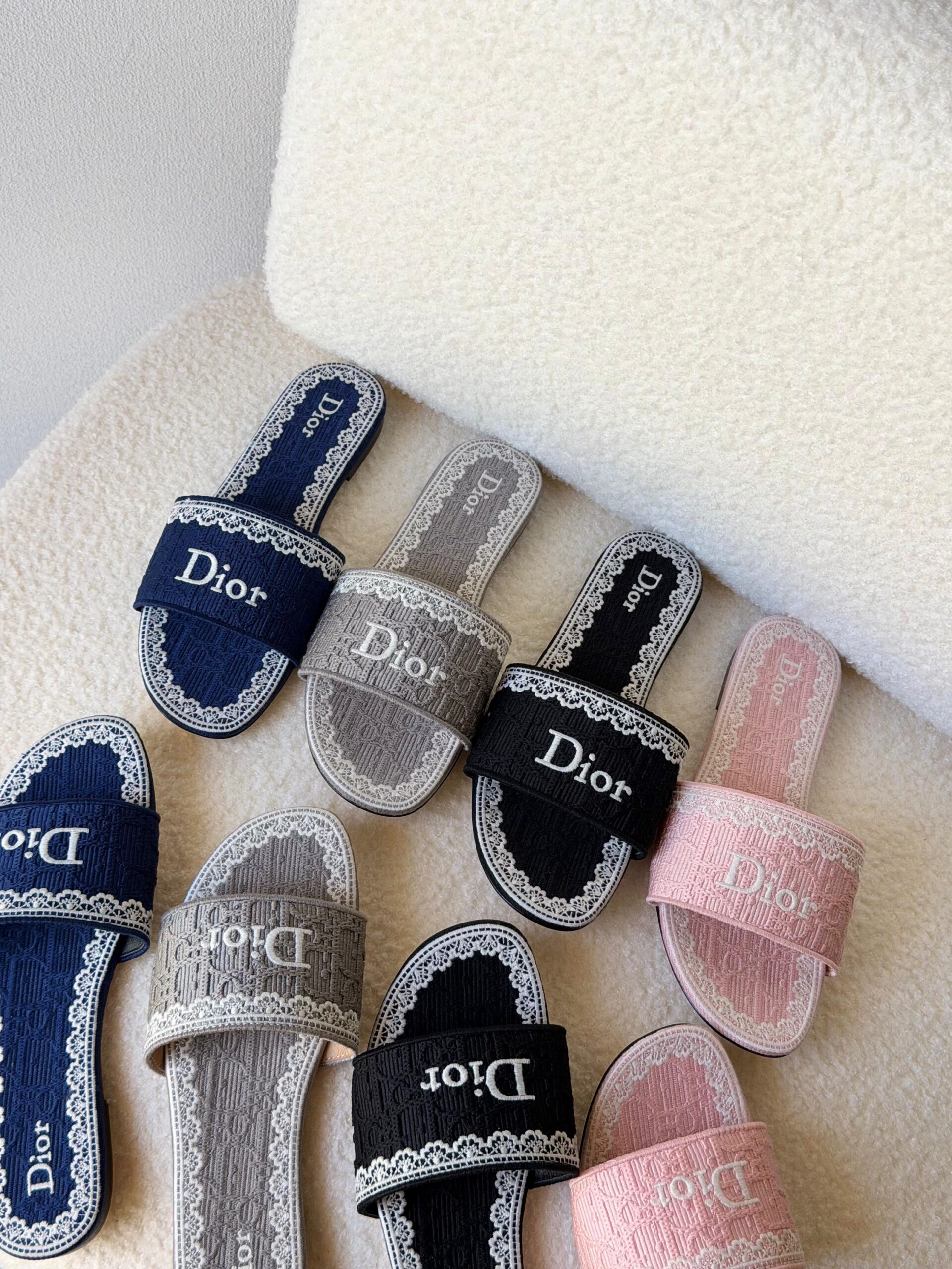 Dior Dentelle Slides Oblique Embroidery And Delicate White Lace Detailing - Image 10