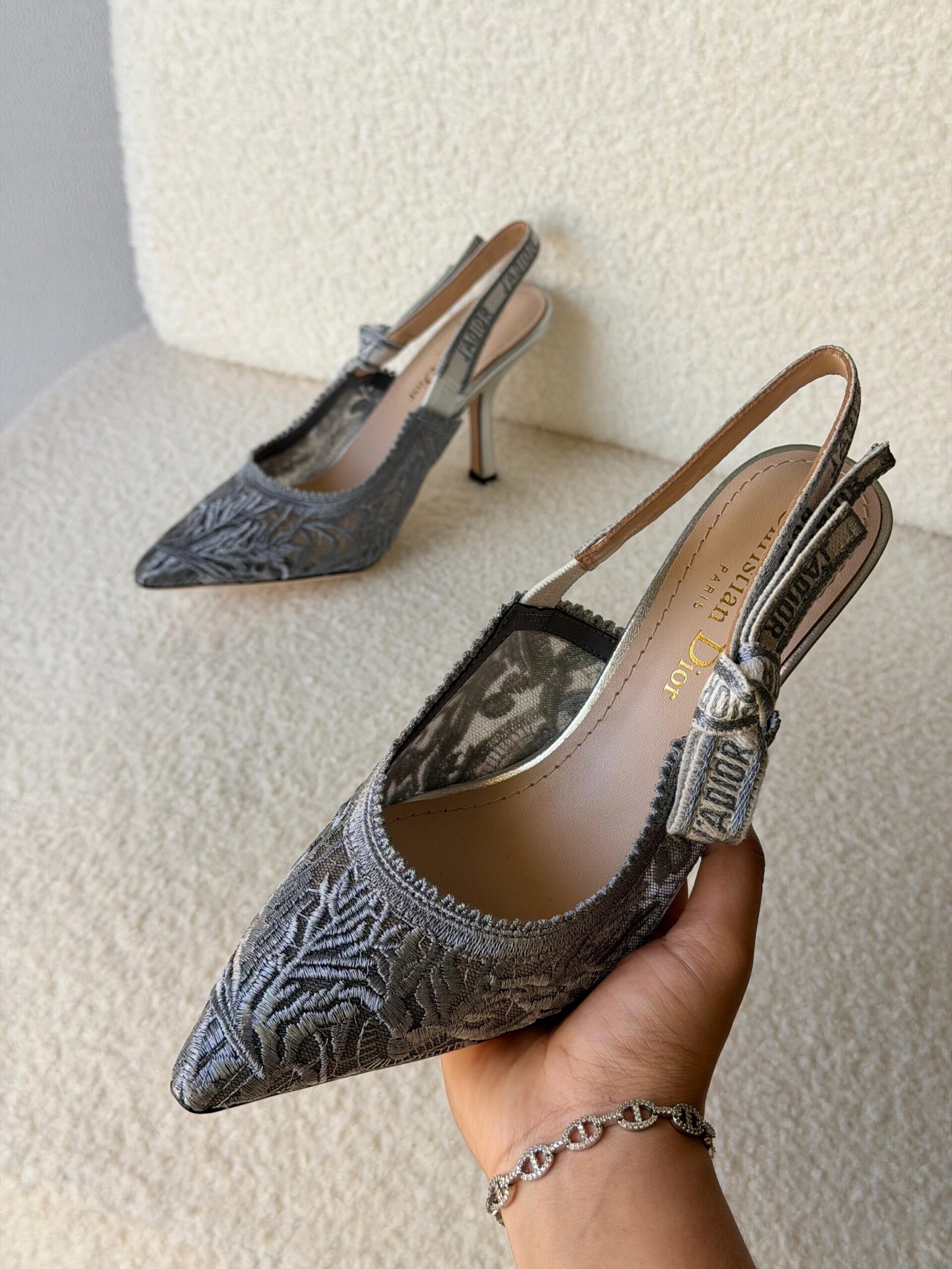 Christian Dior J'ADior Slingback Pumps White Lace Embroidery - Image 3