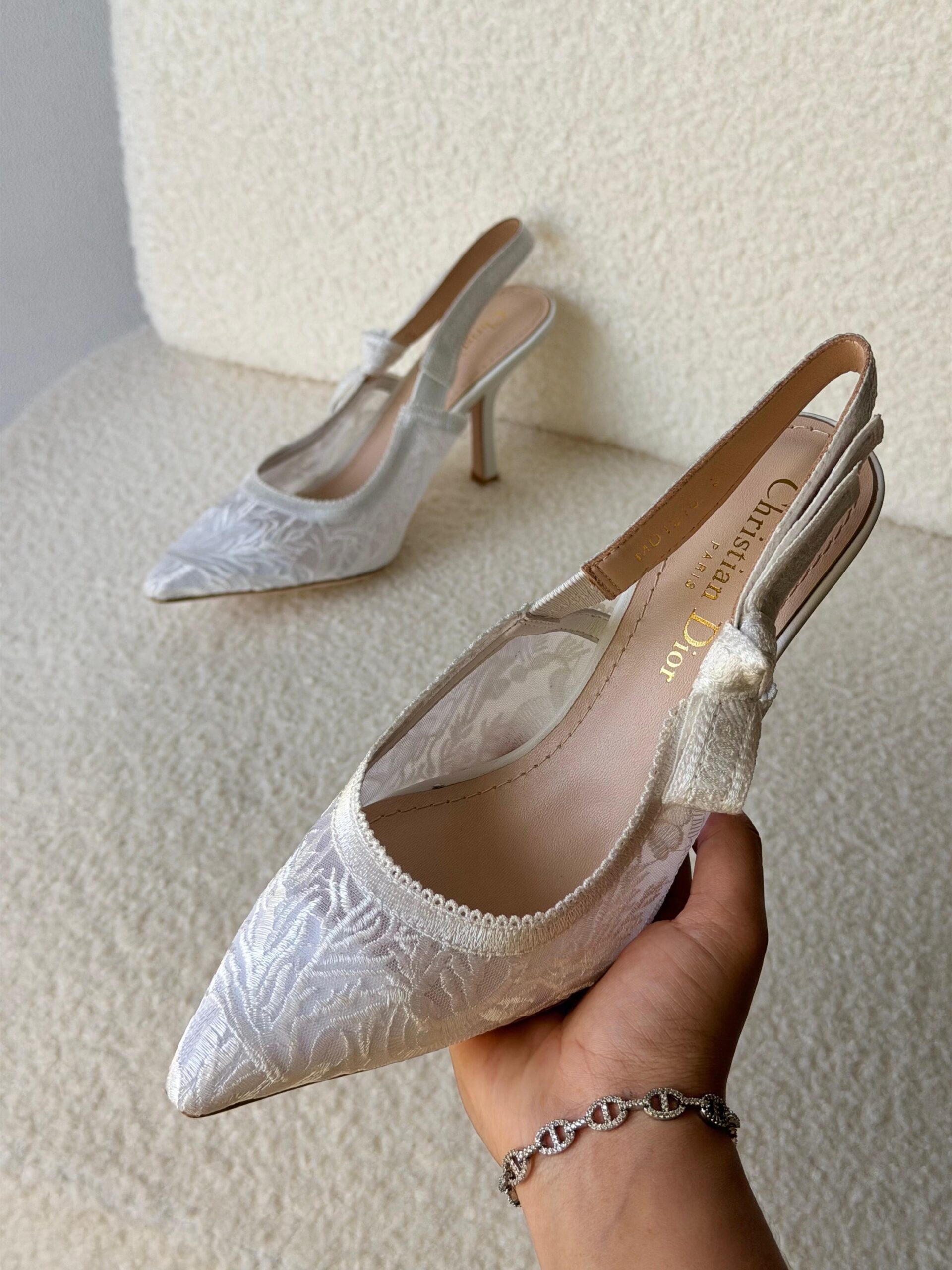 Christian Dior J'ADior Slingback Pumps White Lace Embroidery
