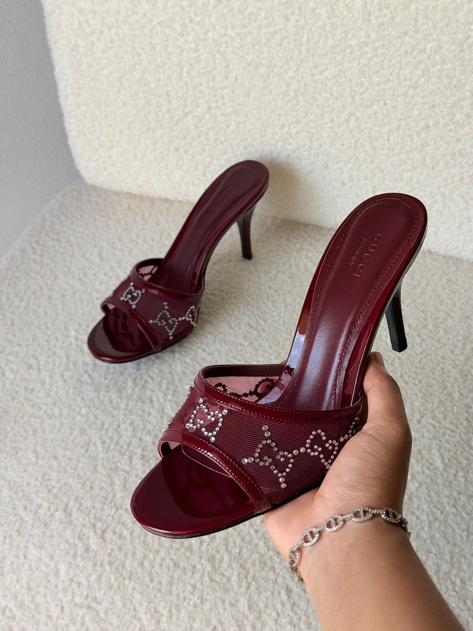 Gucci Erin Crystal-Embellished Leather Trimmed Mesh Mules - Image 3