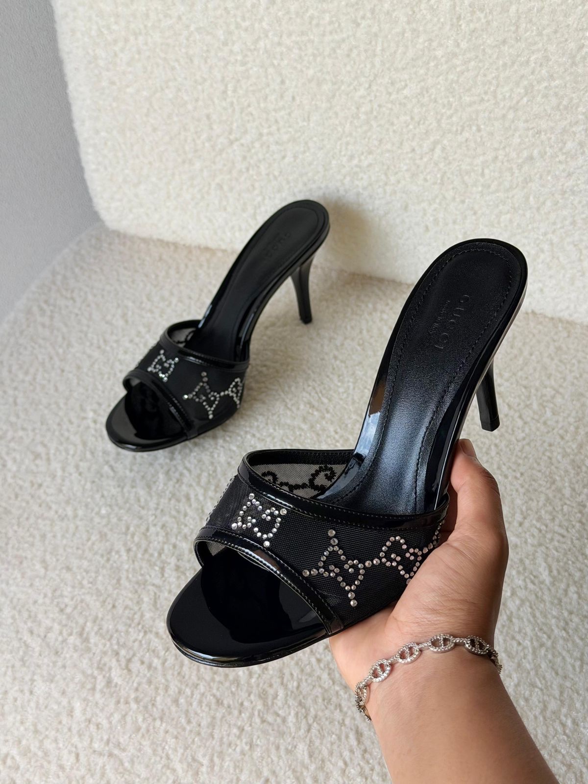 Gucci Erin Crystal-Embellished Leather Trimmed Mesh Mules - Image 5
