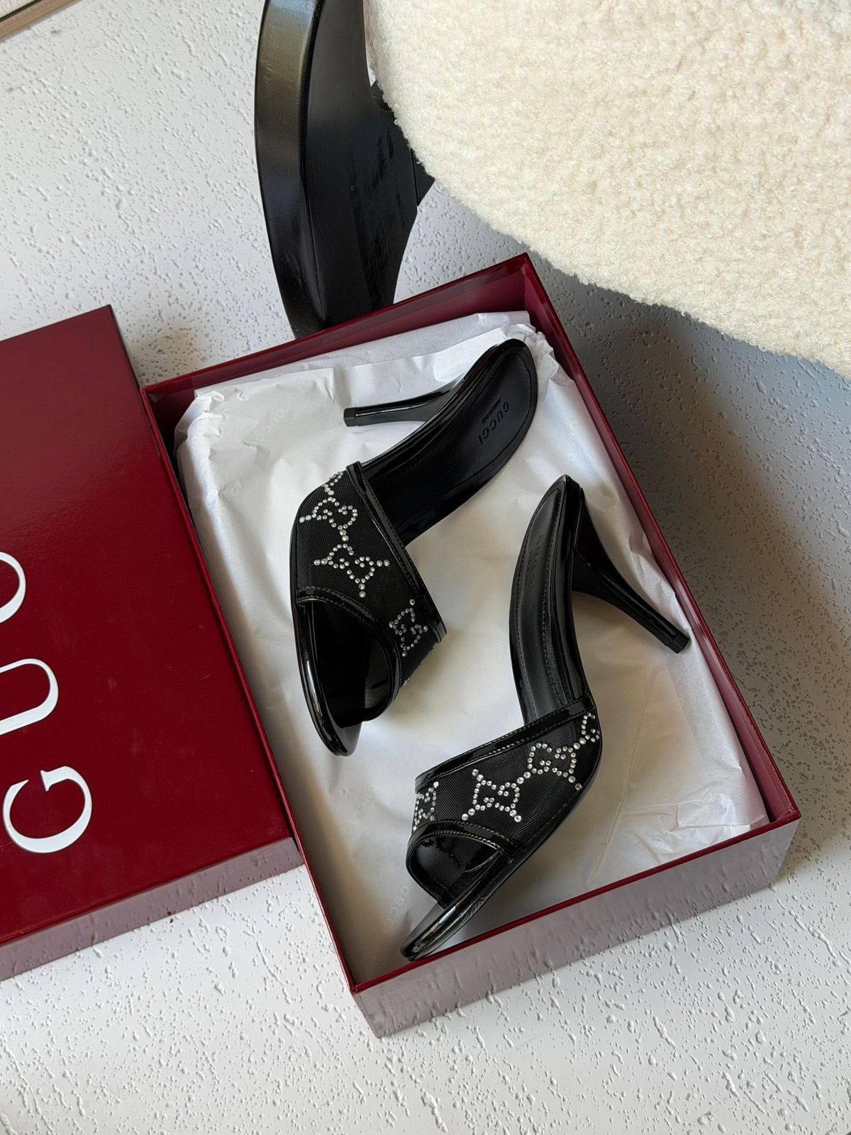 Gucci Erin Crystal-Embellished Leather Trimmed Mesh Mules - Image 6