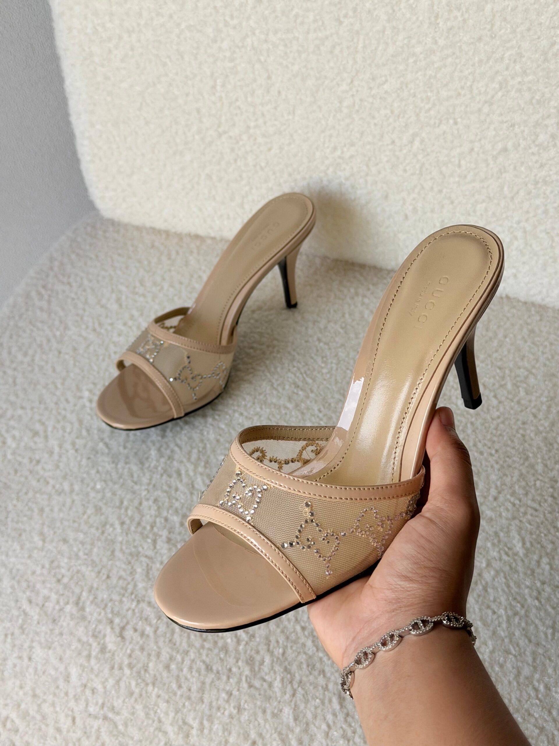 Gucci Erin Crystal-Embellished Leather Trimmed Mesh Mules