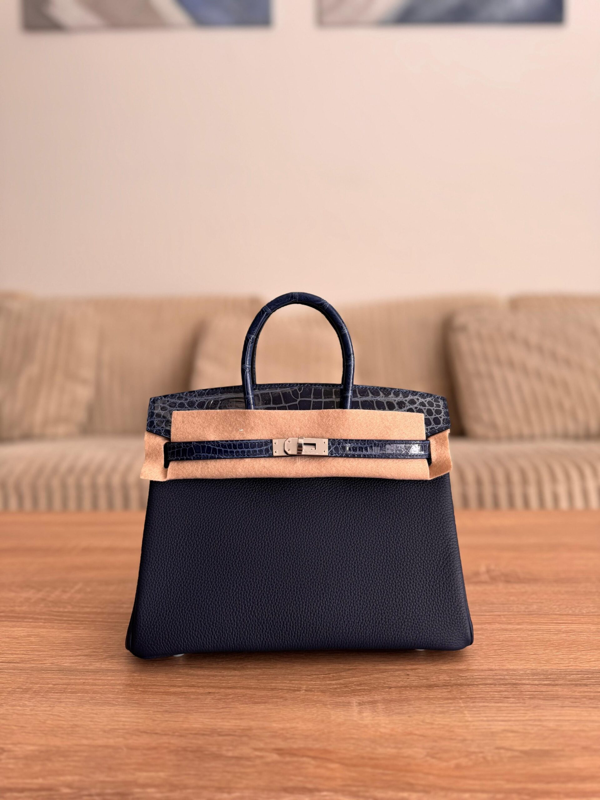 Hermès Birkin 25 in Togo Leather Featuring Distinctive Matte Alligator Touch Handles And Flaps